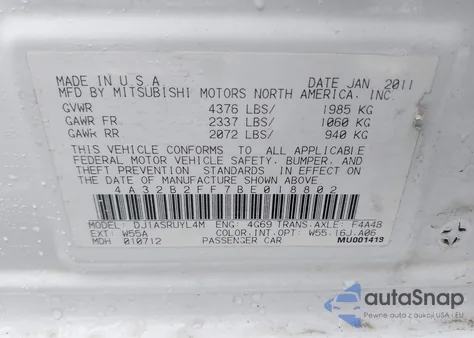 2011 Mitsubishi Galant Fe z USA, uszkodzony, nr VIN 4A32B2FF7BE018802